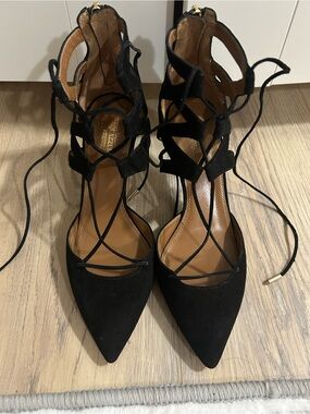 Aquazzura Black Suede Pointed Toe Lace-Up Heels
